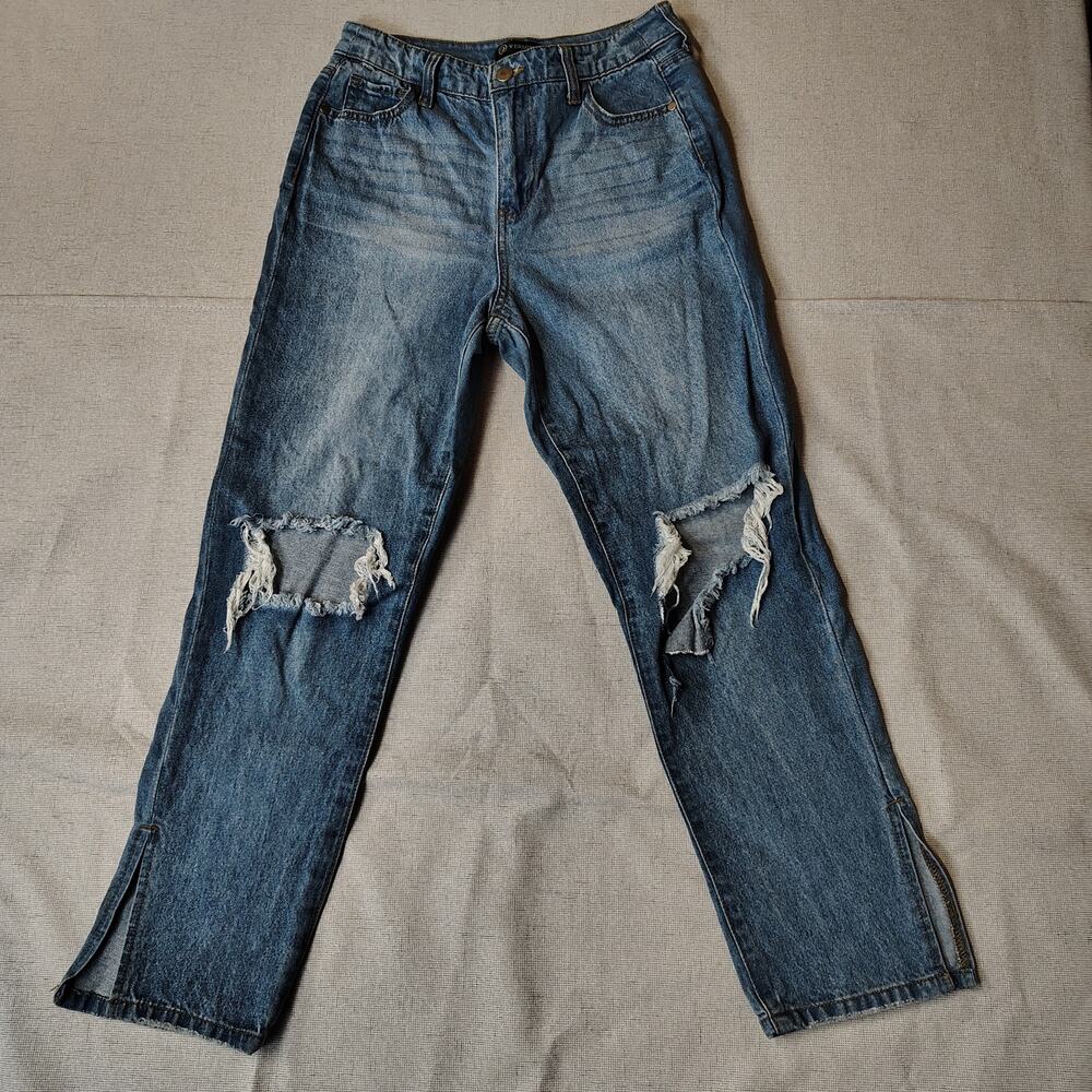 Versona Womens Distressed Straight Leg Jeans Raw Hem Side Slit Medium Wash sz 6
